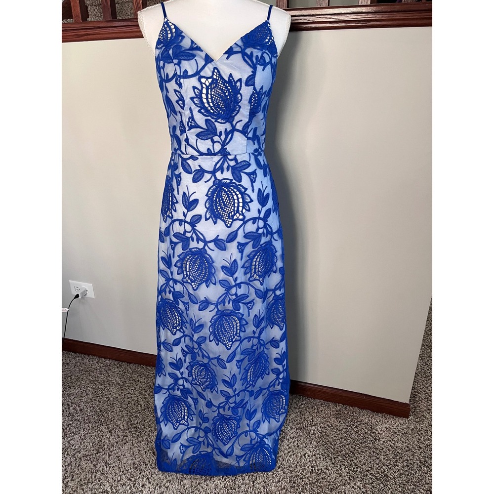 Chi Chi London Blue Floral Lace Maxi Dress V-Neck Gown US 8